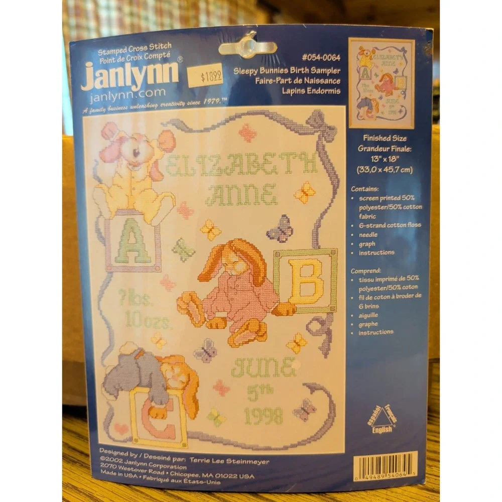 New Vintage Stamped Cross Stitch Kit Janlynn Sleepy Bunnies Birth Sampler